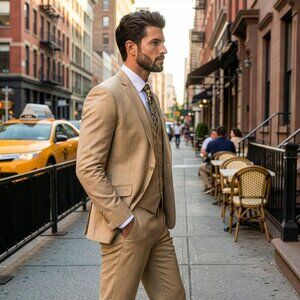 New 2026 Mens 3pc Sharkskin Golden Tan Suit Set, Slim Fit